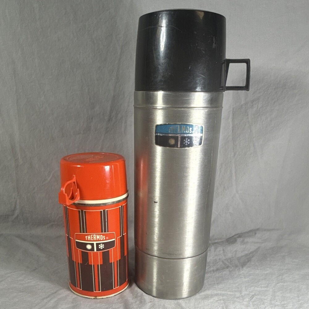 * Vtg King Seeley Thermos Lot Stainless 2464S Quart & Retro 70s Orange Geometric